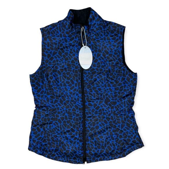 Greg Norman Blue and Black Printed/ Black Quilted Reversible Zip Up Vest - Picture 3 of 11